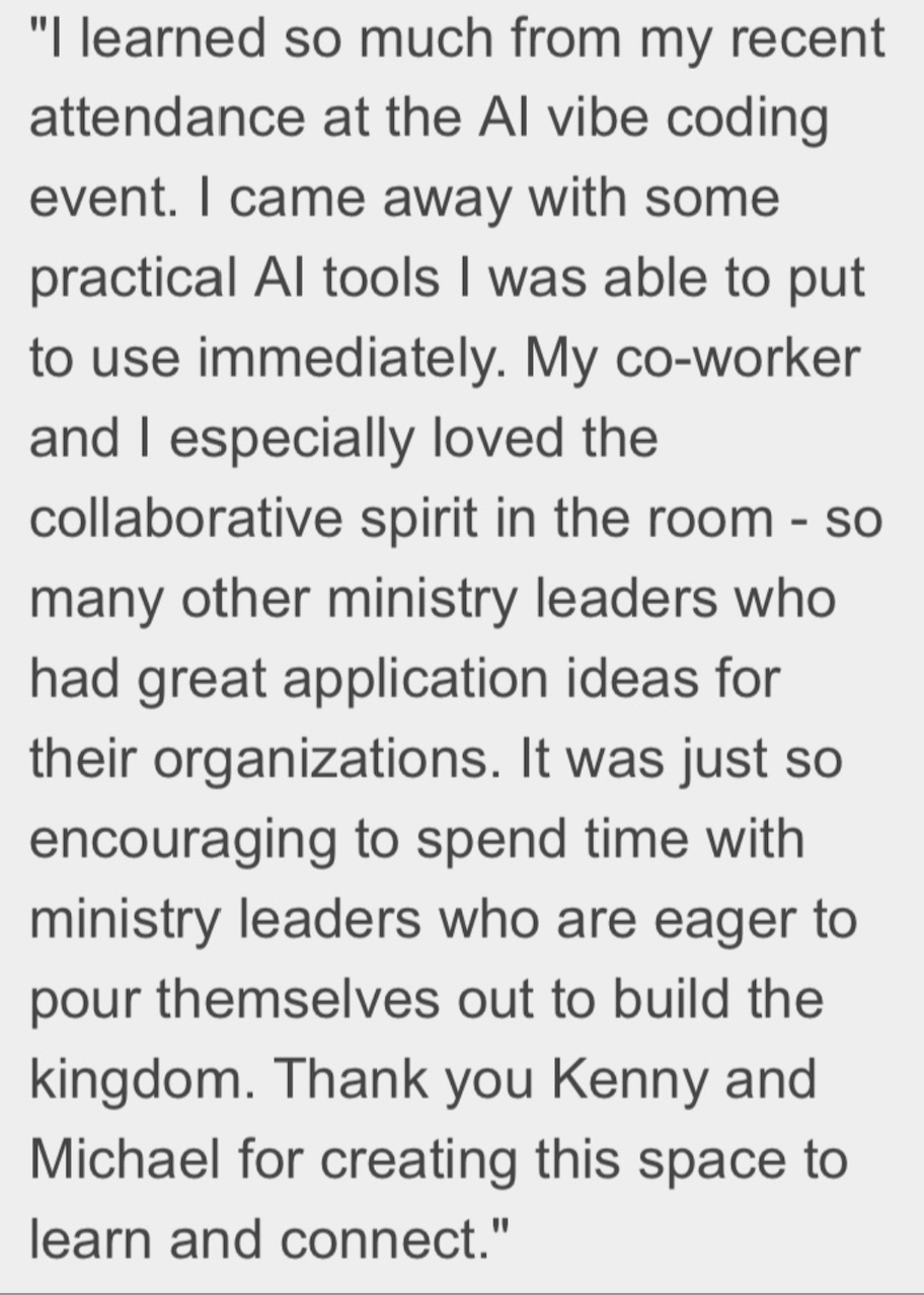 Testimonial from past attendee about Vibe Code For Good